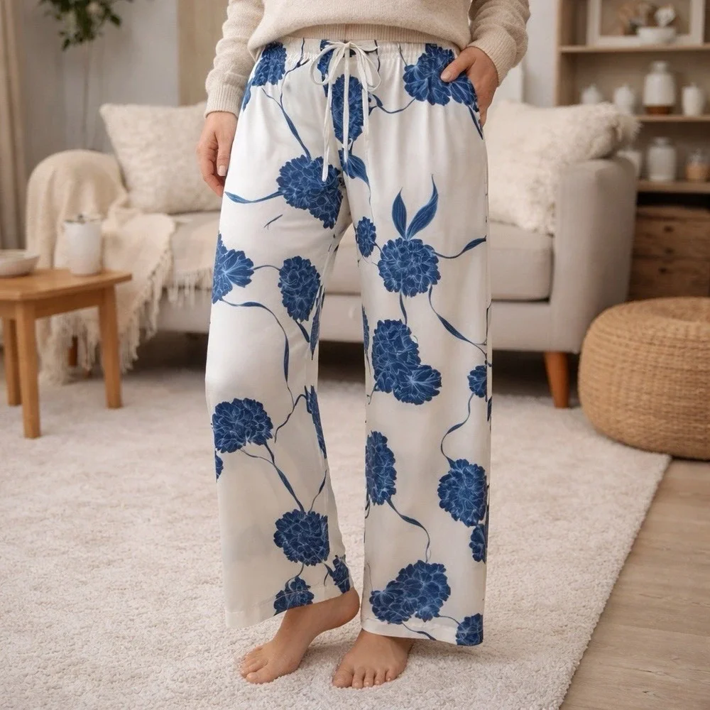 La Perla Floral 100% Silk Pajama Pants Cozy Feminine Dainty Special Occasion L - Picture 1 of 16